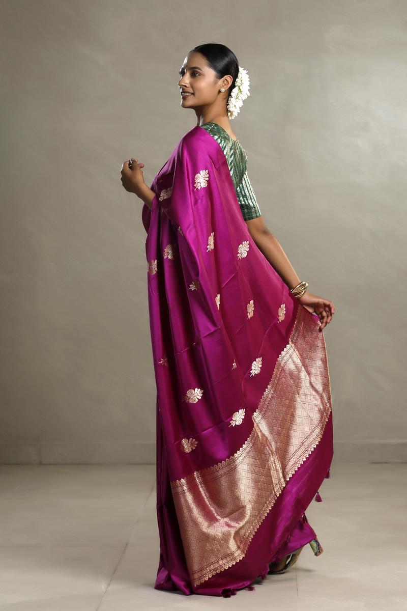 Magenta Banarasi Silk Saree with Zari Floral Motifs