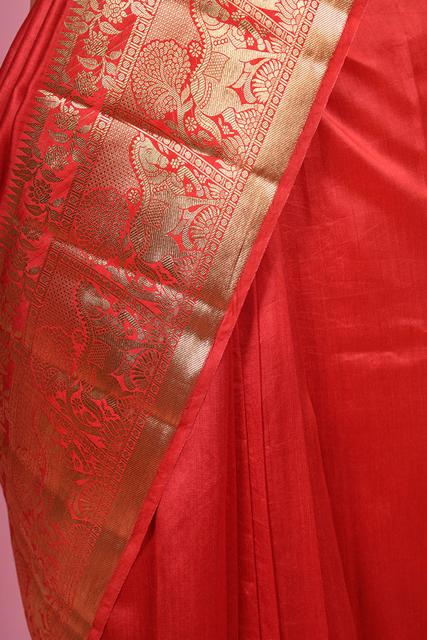 Rust Red Ethnic Woven Chiniya Silk Saree