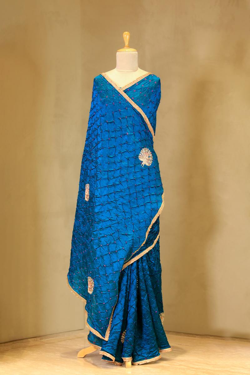 Blue Bandhani Chiniya Silk Banarasi Saree with Zardozi Mayur Motif