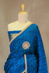 Blue Bandhani Chiniya Silk Banarasi Saree with Zardozi Mayur Motif