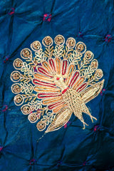 Blue Bandhani Chiniya Silk Banarasi Saree with Zardozi Mayur Motif