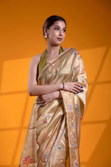 Light Yellow Dupion Silk Banarasi Saree with Pichwai Print