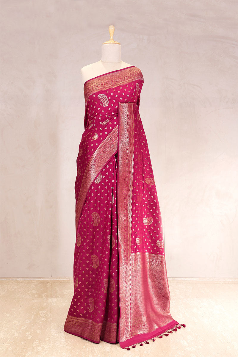 Magenta Banarasi Chiniya Silk Saree with Antique Zari Work