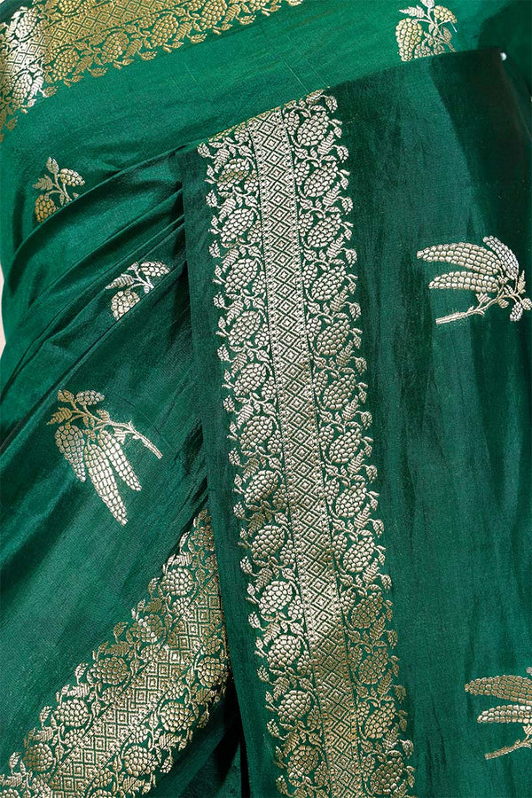 Bottle Green Dupion Silk Saree with Gold Zari Motifs