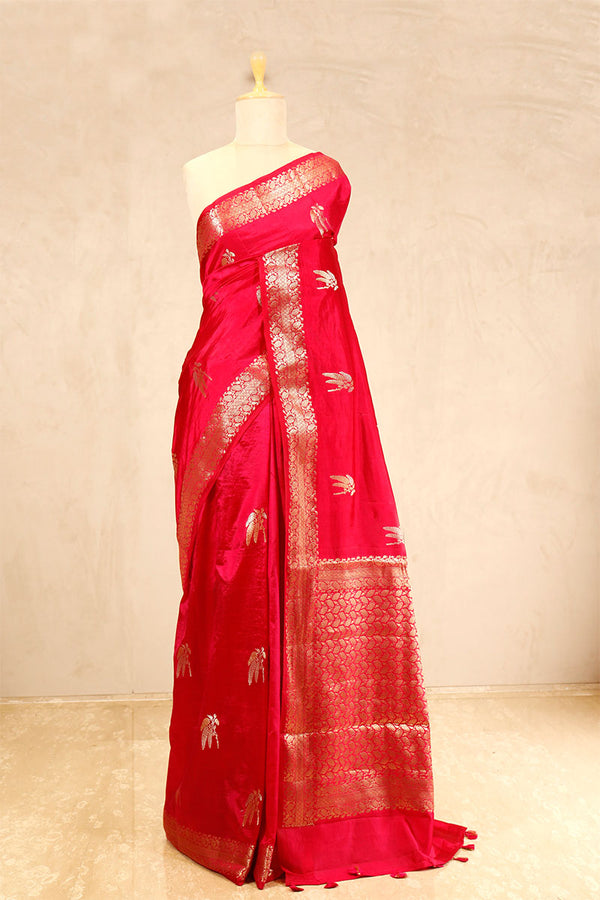 Red Dupion Silk Saree with Gold Zari Motifs