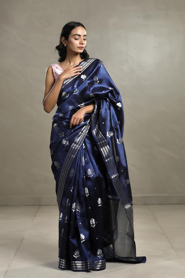 Navy Blue Dupion Silk Banarasi Saree with Floral Meenakari Motif
