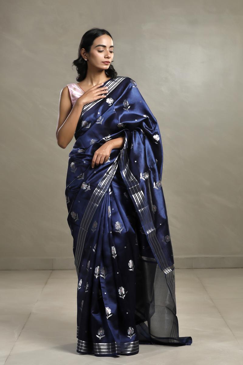 Navy Blue Dupion Silk Banarasi Saree with Floral Meenakari Motif