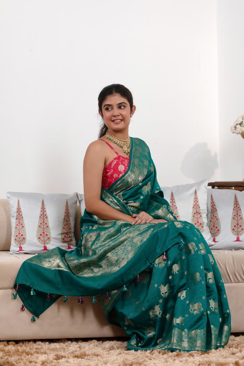 Rama Green Chiniya Silk Saree with Pichwai Kamdhenu Motifs