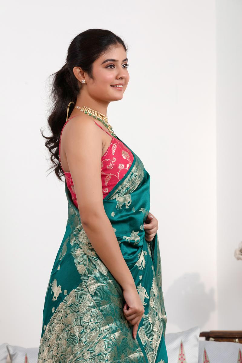 Rama Green Chiniya Silk Saree with Pichwai Kamdhenu Motifs