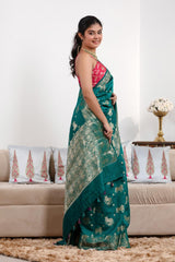 Rama Green Chiniya Silk Saree with Pichwai Kamdhenu Motifs