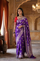 Purple  Chiniya Silk Saree with Pichwai Kamdhenu Motifs