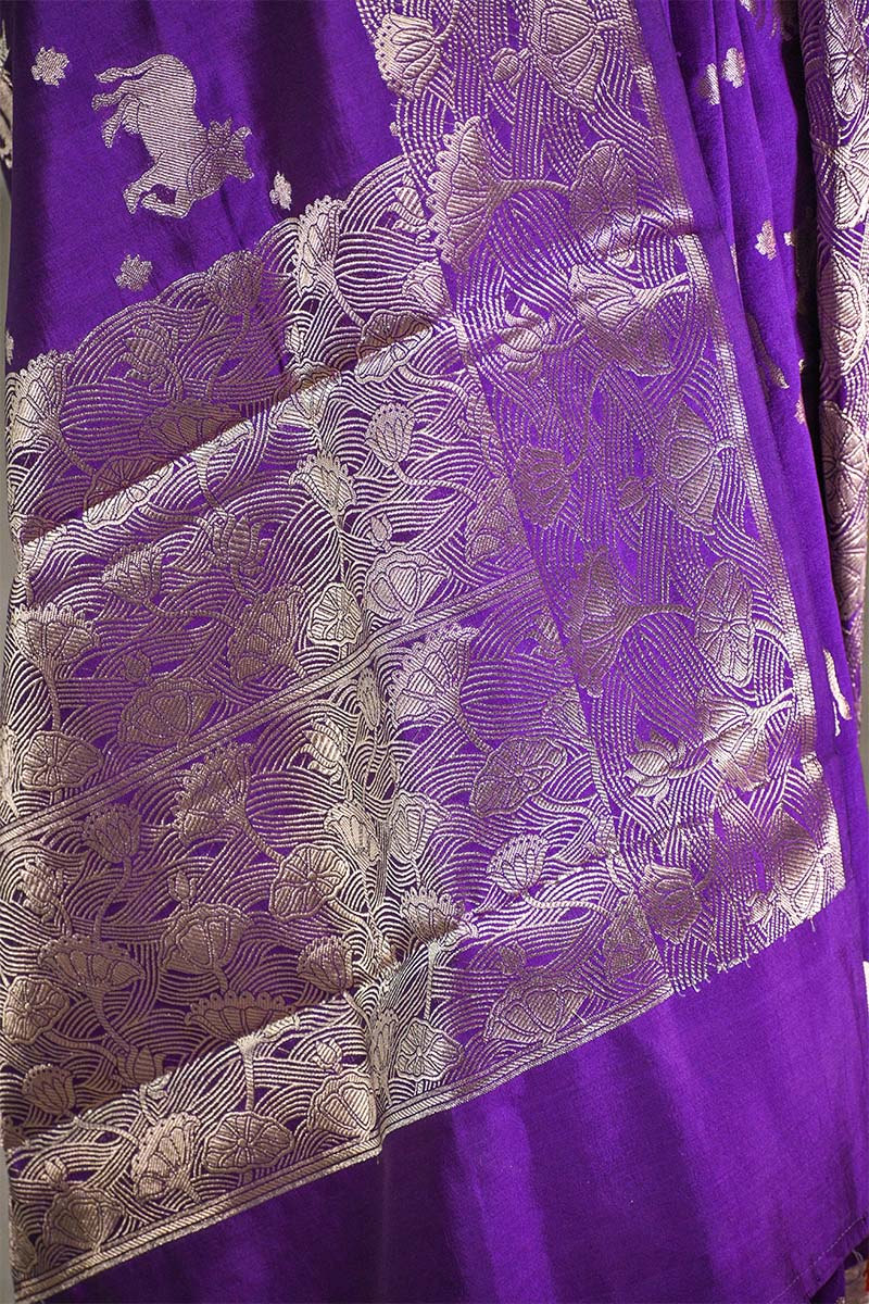 Purple  Chiniya Silk Saree with Pichwai Kamdhenu Motifs