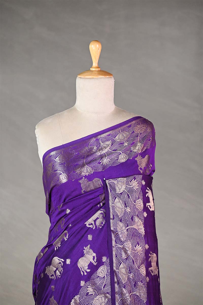 Purple  Chiniya Silk Saree with Pichwai Kamdhenu Motifs