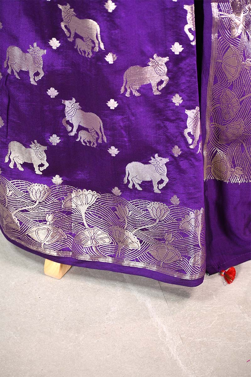 Purple  Chiniya Silk Saree with Pichwai Kamdhenu Motifs