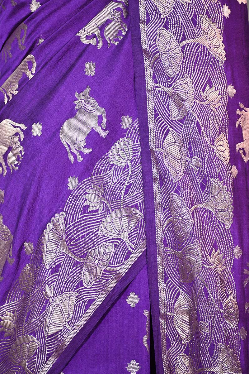 Purple  Chiniya Silk Saree with Pichwai Kamdhenu Motifs