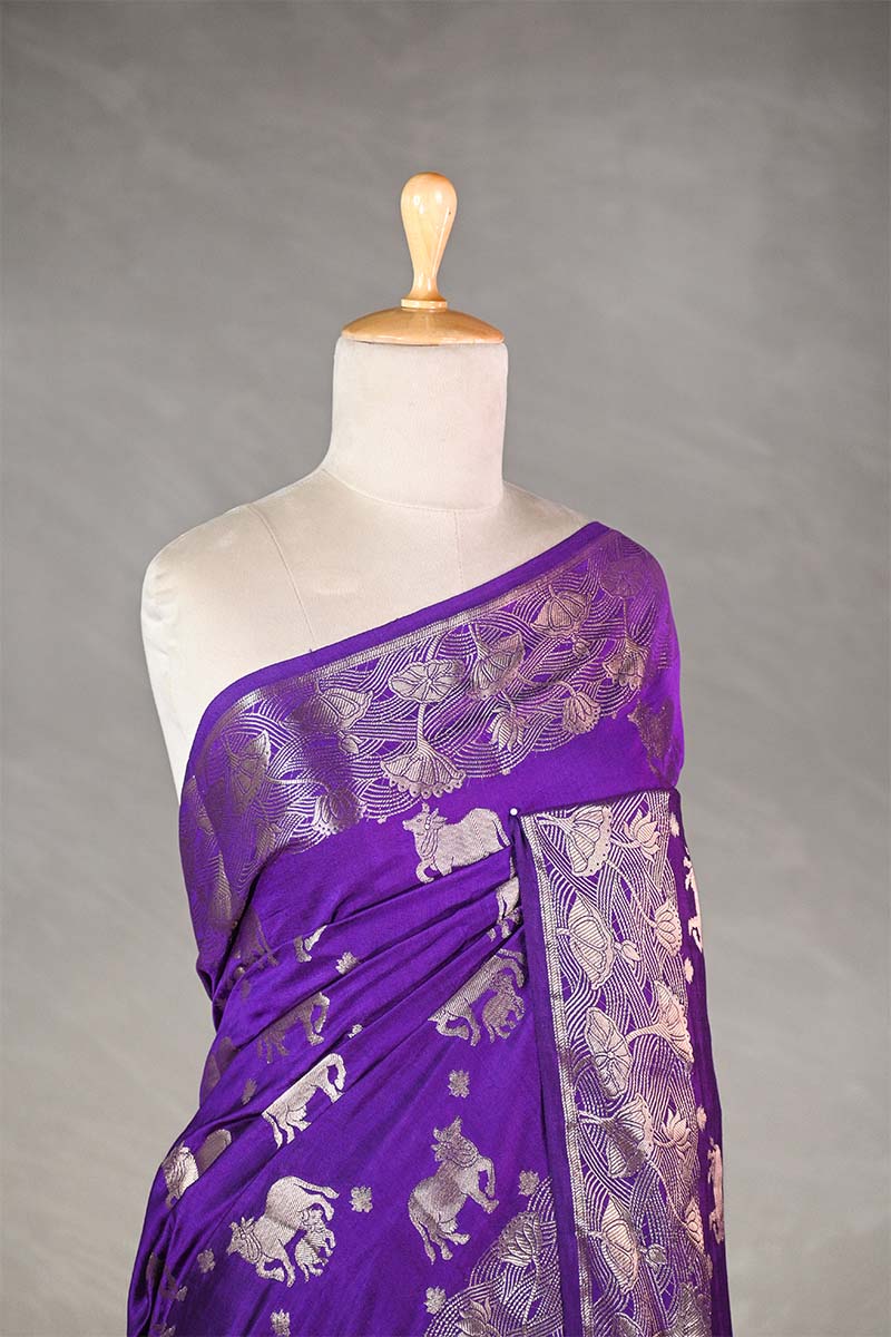 Purple  Chiniya Silk Saree with Pichwai Kamdhenu Motifs