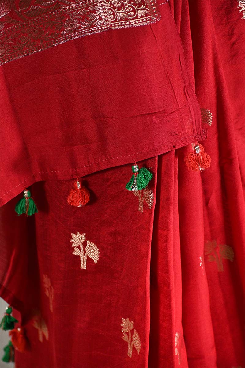 Red Chiniya Silk Saree with Pichwai Motifs