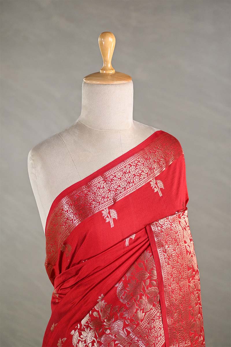 Red Chiniya Silk Saree with Pichwai Motifs