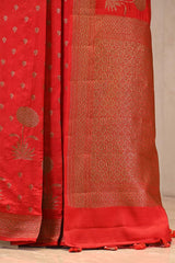 Red Handloom Chiniya Silk Saree with Antique Zari Floral Buta