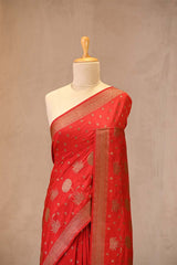 Red Handloom Chiniya Silk Saree with Antique Zari Floral Buta