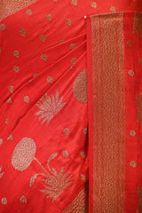 Red Handloom Chiniya Silk Saree with Antique Zari Floral Buta