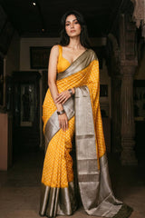 Yellow Chiniya Banarasi Silk Saree with Bandhni Buti & Silver Zari Border