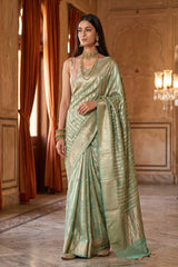 Aqua Blue Chiniya Silk Saree with Gaja and Mayur Motifs