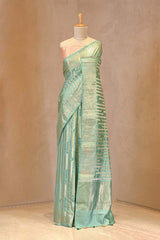 Aqua Blue Chiniya Silk Saree with Watergold Zari Stripes and Gaja Mayur Border