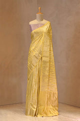 Butter Yellow Chiniya Silk Saree with Watergold Zari Stripes & Gaja Mayur Border