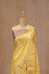 Butter Yellow Chiniya Silk Saree with Watergold Zari Stripes & Gaja Mayur Border