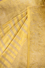 Butter Yellow Chiniya Silk Saree with Watergold Zari Stripes & Gaja Mayur Border