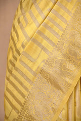 Butter Yellow Chiniya Silk Saree with Watergold Zari Stripes & Gaja Mayur Border
