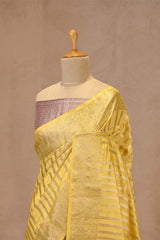 Butter Yellow Chiniya Silk Saree with Watergold Zari Stripes & Gaja Mayur Border