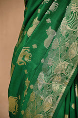 Green Chiniya Silk Saree with Pichwai Kamdhenu Motifs