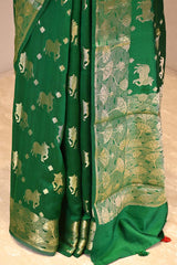 Green Chiniya Silk Saree with Pichwai Kamdhenu Motifs