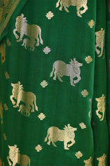 Green Chiniya Silk Saree with Pichwai Kamdhenu Motifs
