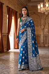 Cobalt Blue Chiniya Silk Saree with Pichwai Kamdhenu Motifs