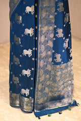 Cobalt Blue Chiniya Silk Saree with Pichwai Kamdhenu Motifs