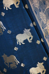 Cobalt Blue Chiniya Silk Saree with Pichwai Kamdhenu Motifs