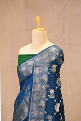 Cobalt Blue Chiniya Silk Saree with Pichwai Kamdhenu Motifs