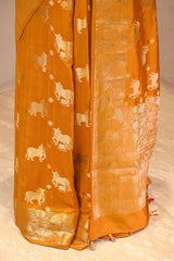 Mustard Yellow Chiniya Silk Saree with Pichwai Kamdhenu Motifs