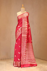 Pink Chiniya Silk Saree with Gold Zari Horse Motifs