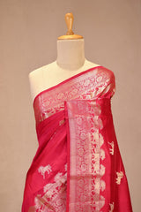 Pink Chiniya Silk Saree with Gold Zari Horse Motifs