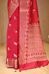 Pink Chiniya Silk Saree with Gold Zari Horse Motifs