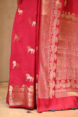 Pink Chiniya Silk Saree with Gold Zari Horse Motifs