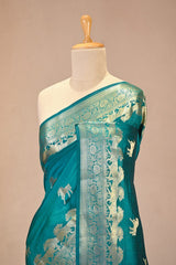 Rama Green Chiniya Silk Saree with Gold Zari Horses