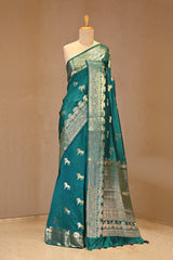 Rama Green Chiniya Silk Saree with Gold Zari Horses