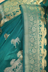 Rama Green Chiniya Silk Saree with Gold Zari Horses