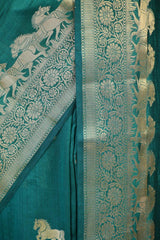 Rama Green Chiniya Silk Saree with Gold Zari Horses