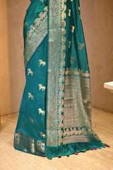 Rama Green Chiniya Silk Saree with Gold Zari Horses